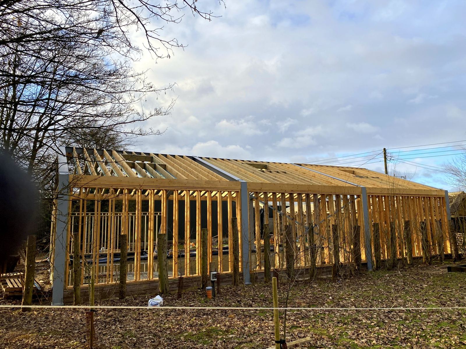 A steel frame with timber stud walls and rafters going up between the columns